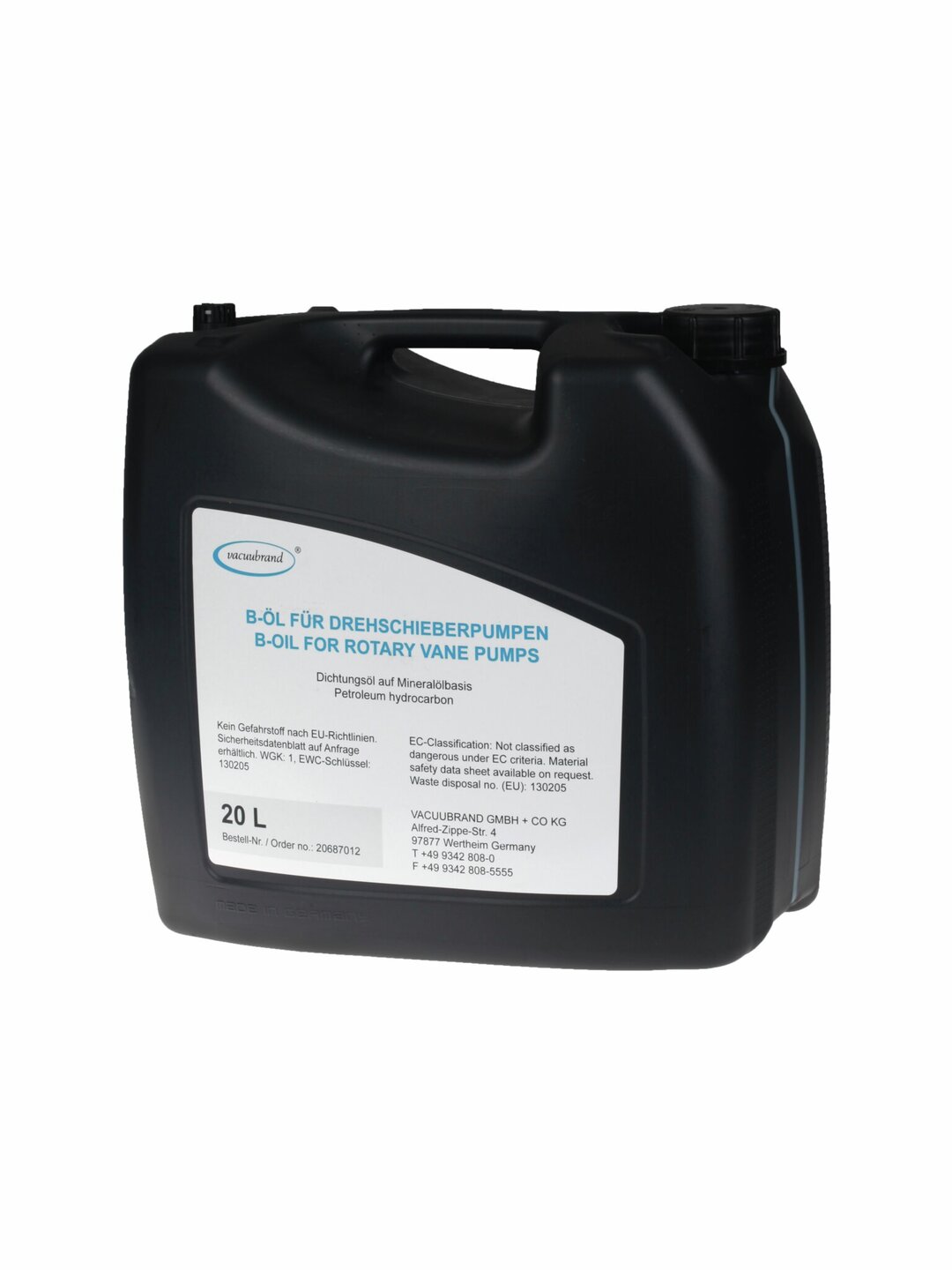 B-oil for rotary vane pumps, can of 20 literThe safety information is available for download athttps://www.vacuubrand.com/safety-information.