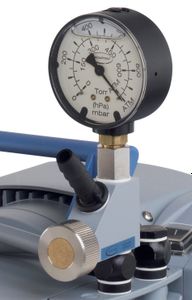 Manual vacuum regulation valve withanalogue vacuum gauge for diaphragmpumps, with hose nozzle DN 10mm