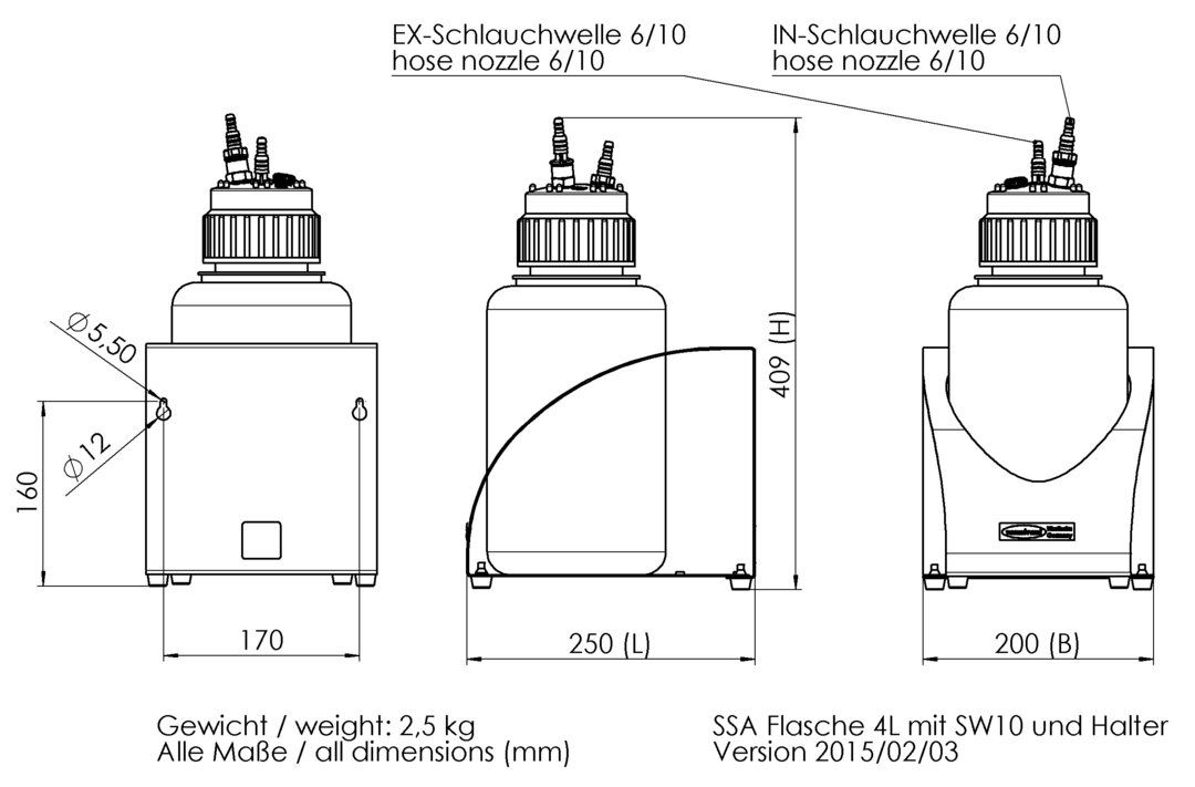 Flacon collecteur en PP 4L, avectuyau dans le flacon et2 x embout cranté DN 10/6 mm,avec cadre support