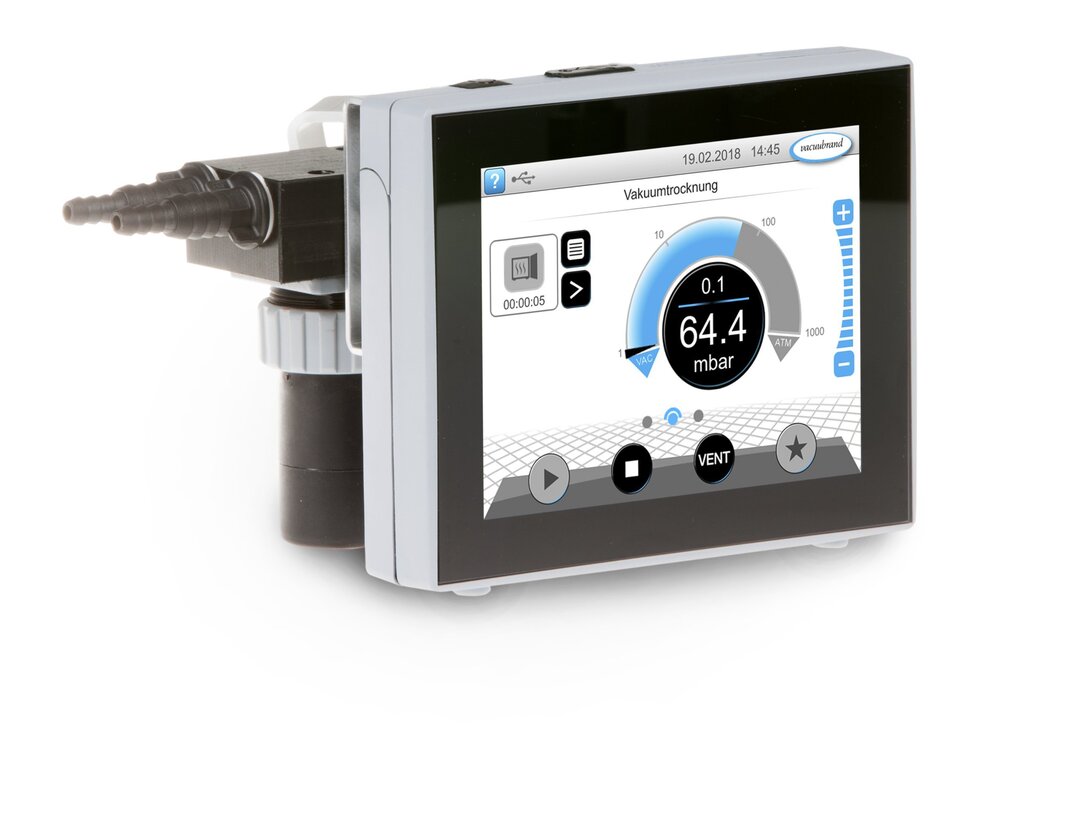 VACUU·SELECT Kompakt-Controller für Stativmontage,mit Saugleitungsventil, PVDF/Fluorelastomer,100-230V / 50-60Hz, Stecker CEE/CH/UK/US/AUS/CN